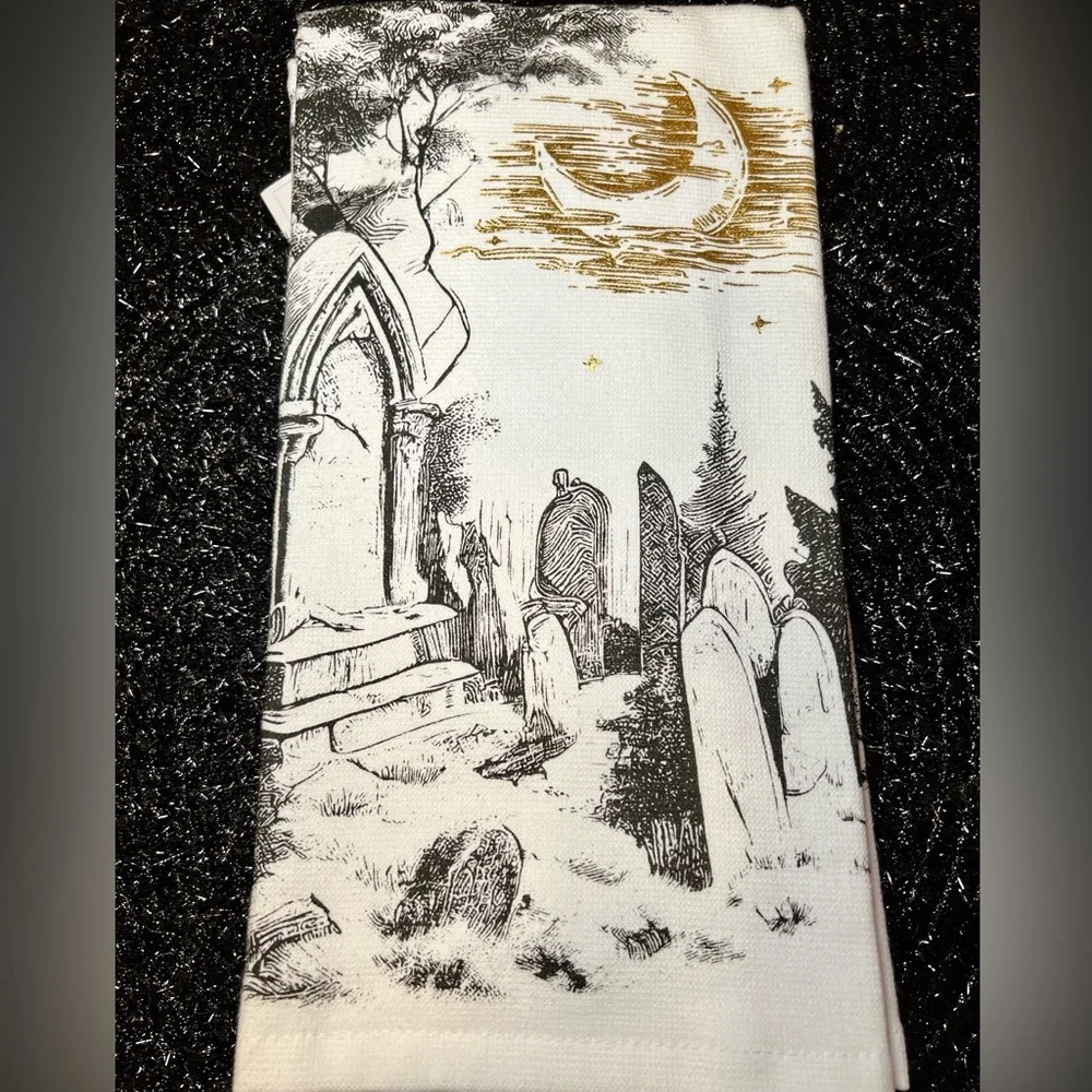 Kassafina Halloween Cemetery Set of 2 Tea Towel with Gold Moon Accent.